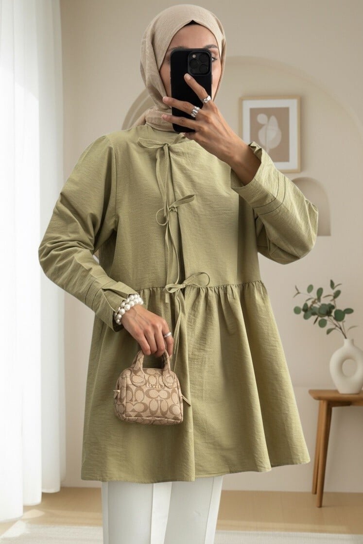 Olive Green Cross-Tie Layered Kimono Tunic - Podyumplus - by Peralane