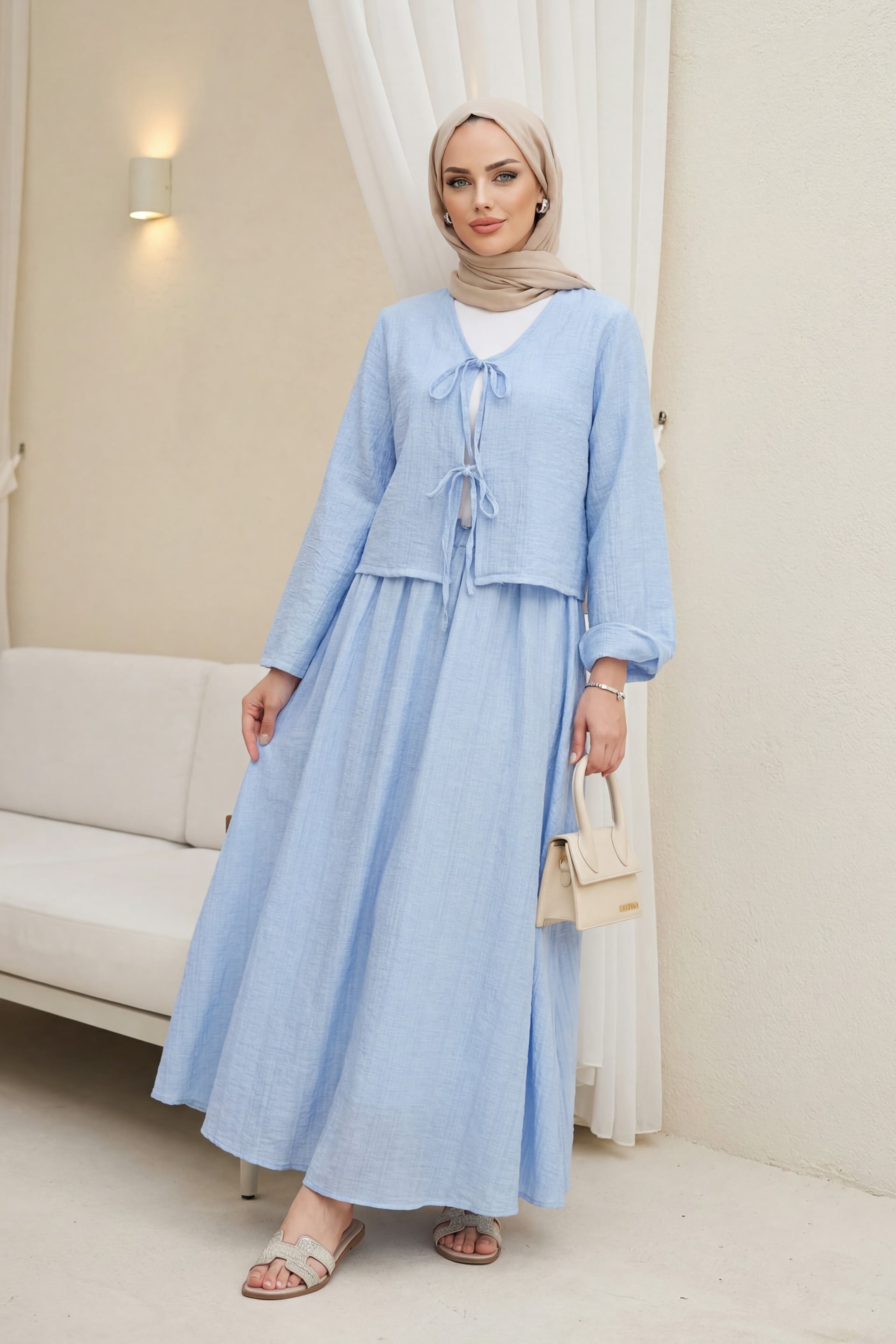 Women's Light Blue Crinkled Kimono Co-ord Set with Tie-Front Jacket and Long Skirt - Podyumplus - by Peralane - photo 4