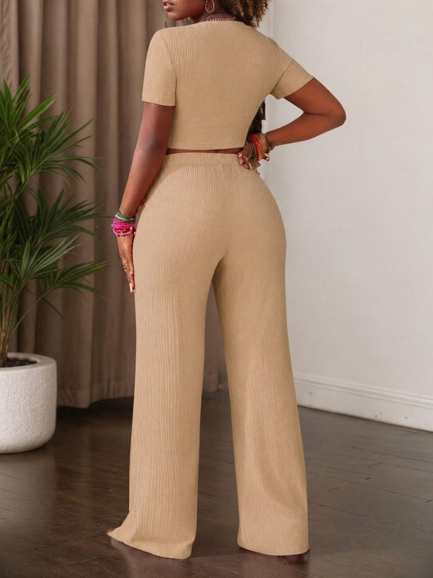 Women's Beige Ribbed Crop Top and Wide-Leg Trouser Two-Piece Set - Janes - by Peralane - photo 3