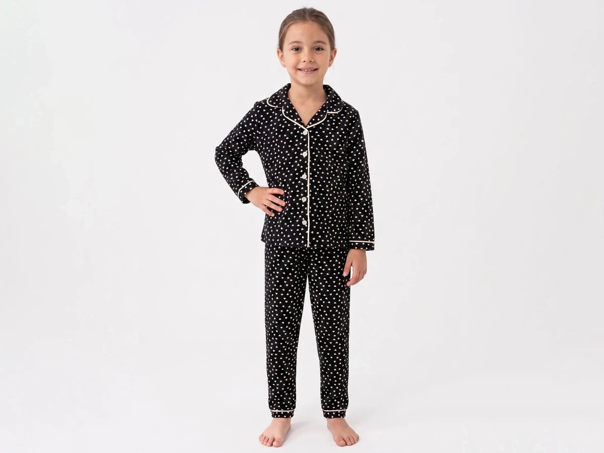 Black Heart Print Button-Up Girls' Pajama Set - Dolas - by Peralane