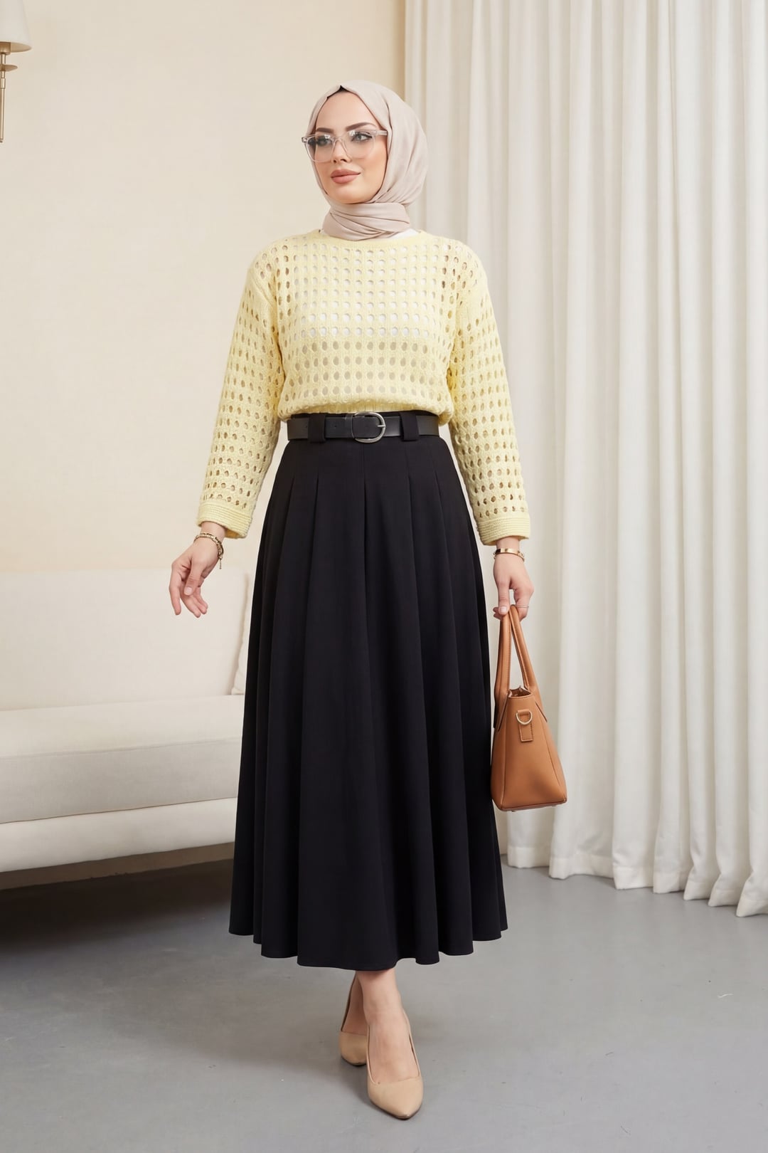 Boat Neck Open-Weave Knit Sweater - Light Yellow - Podyumplus - by Peralane - photo 2