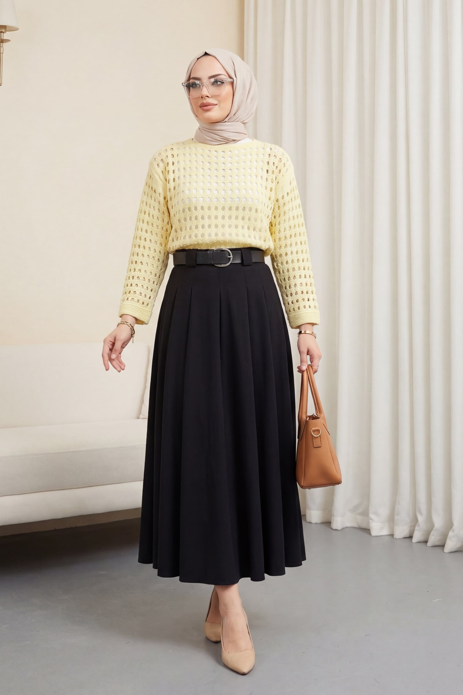 Boat Neck Open-Weave Knit Sweater - Light Yellow - Podyumplus - by Peralane - photo 2