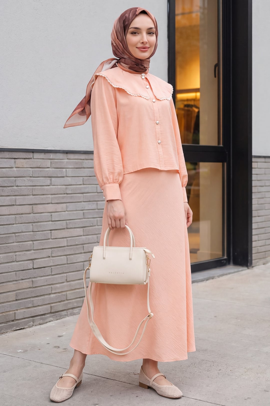 Ruffle Collar Lace Trim Two-Piece Modest Set in Peach - Podyumplus - by Peralane - photo 3