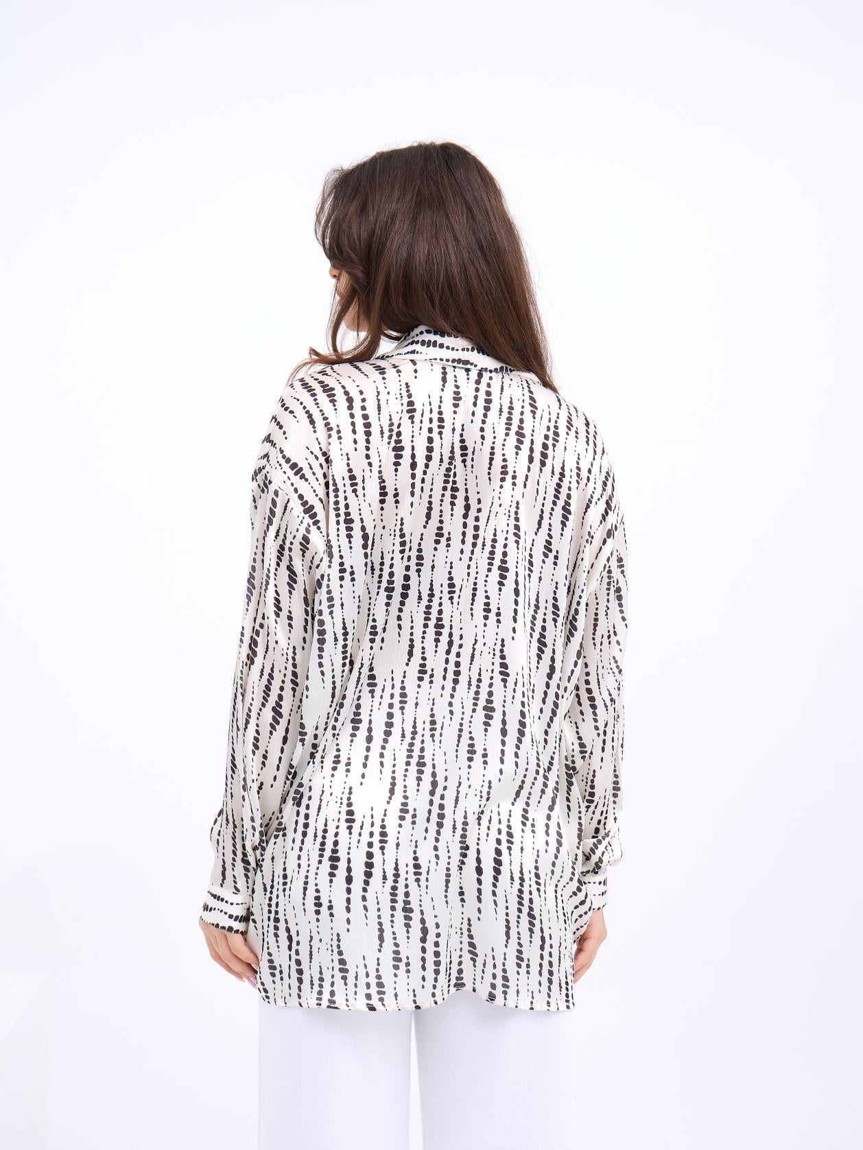 Sheer Long-Sleeve Collared Blouse in Black and White Abstract Dash Print - Fame - by Peralane - photo 3