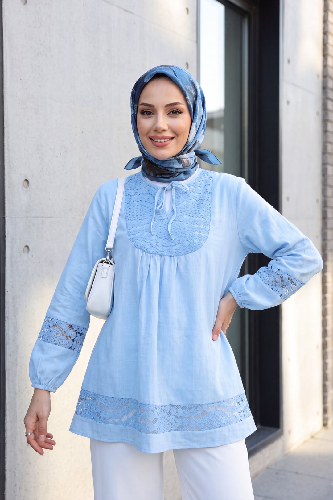 Blue Lace Trim Tie-Neck Tunic with Elasticated Cuffs - Podyumplus - by Peralane - photo 2