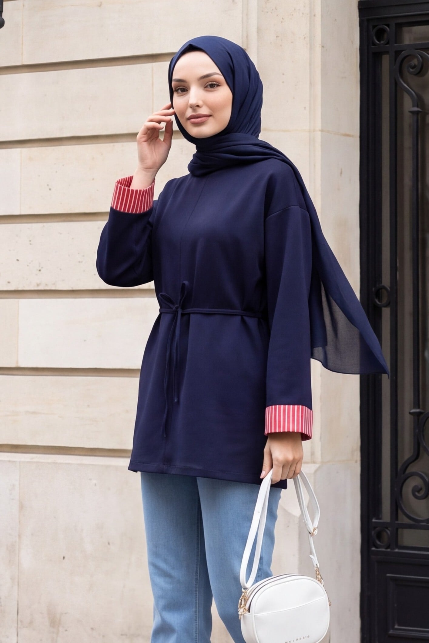 Navy Blue Drawstring Waist Tunic with Striped Cuffs - Podyumplus - by Peralane - photo 4