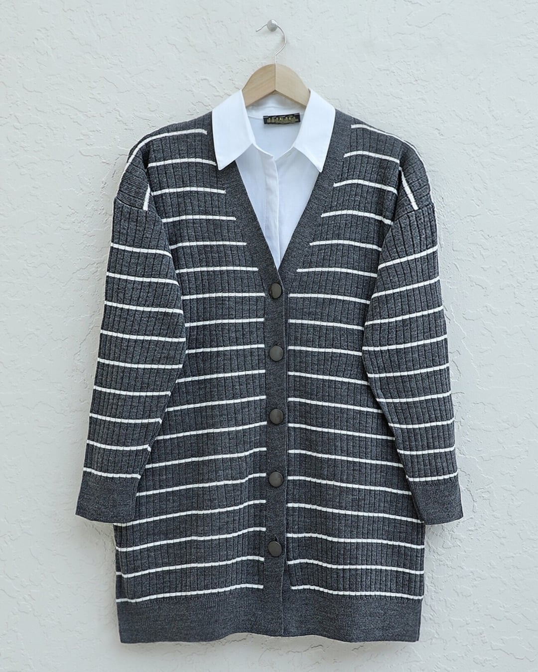 Ribbed Buttoned Long Knit Cardigan - Smoke - Podyumplus - by Peralane - photo 3