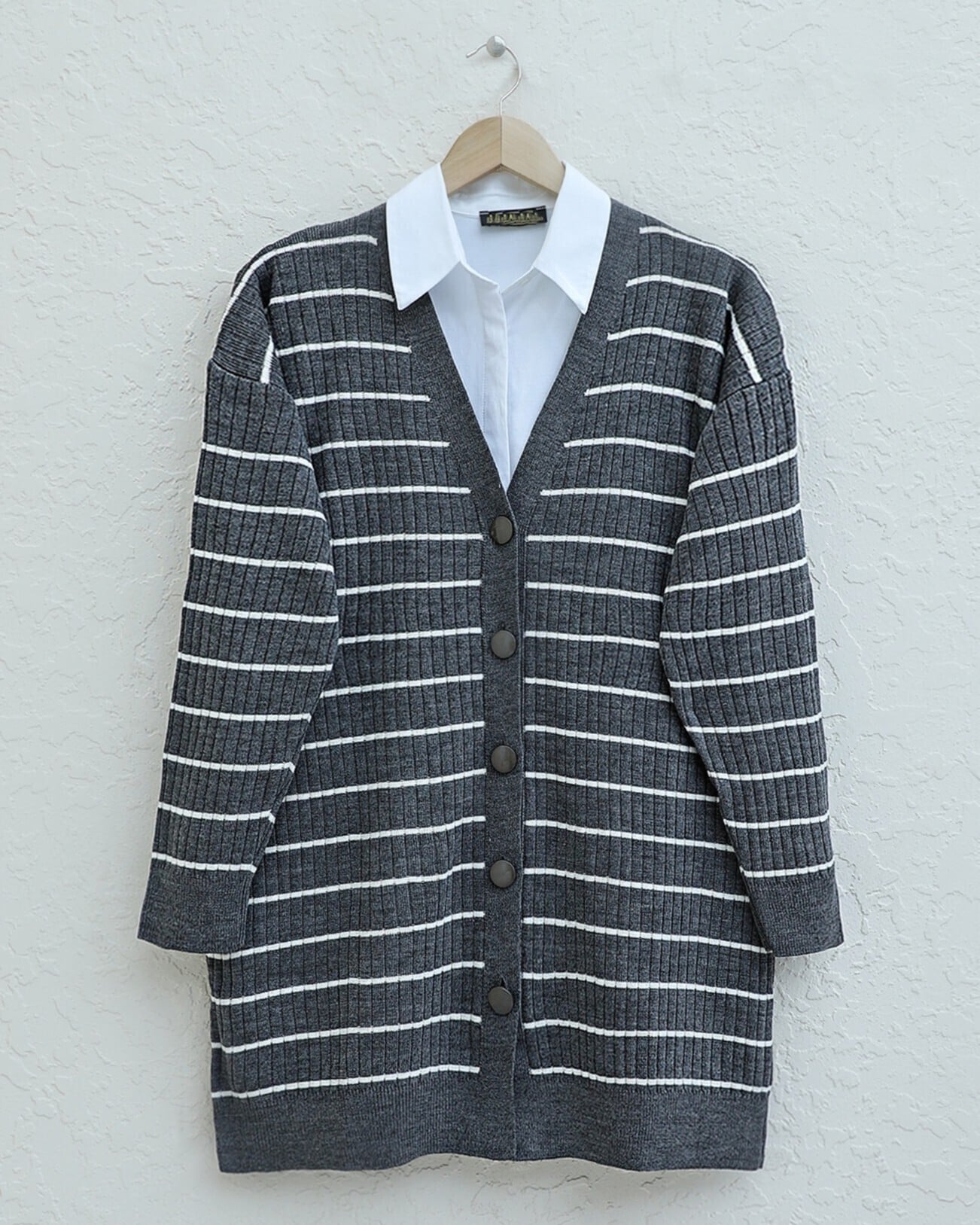 Ribbed Buttoned Long Knit Cardigan - Smoke - Podyumplus - by Peralane - photo 3