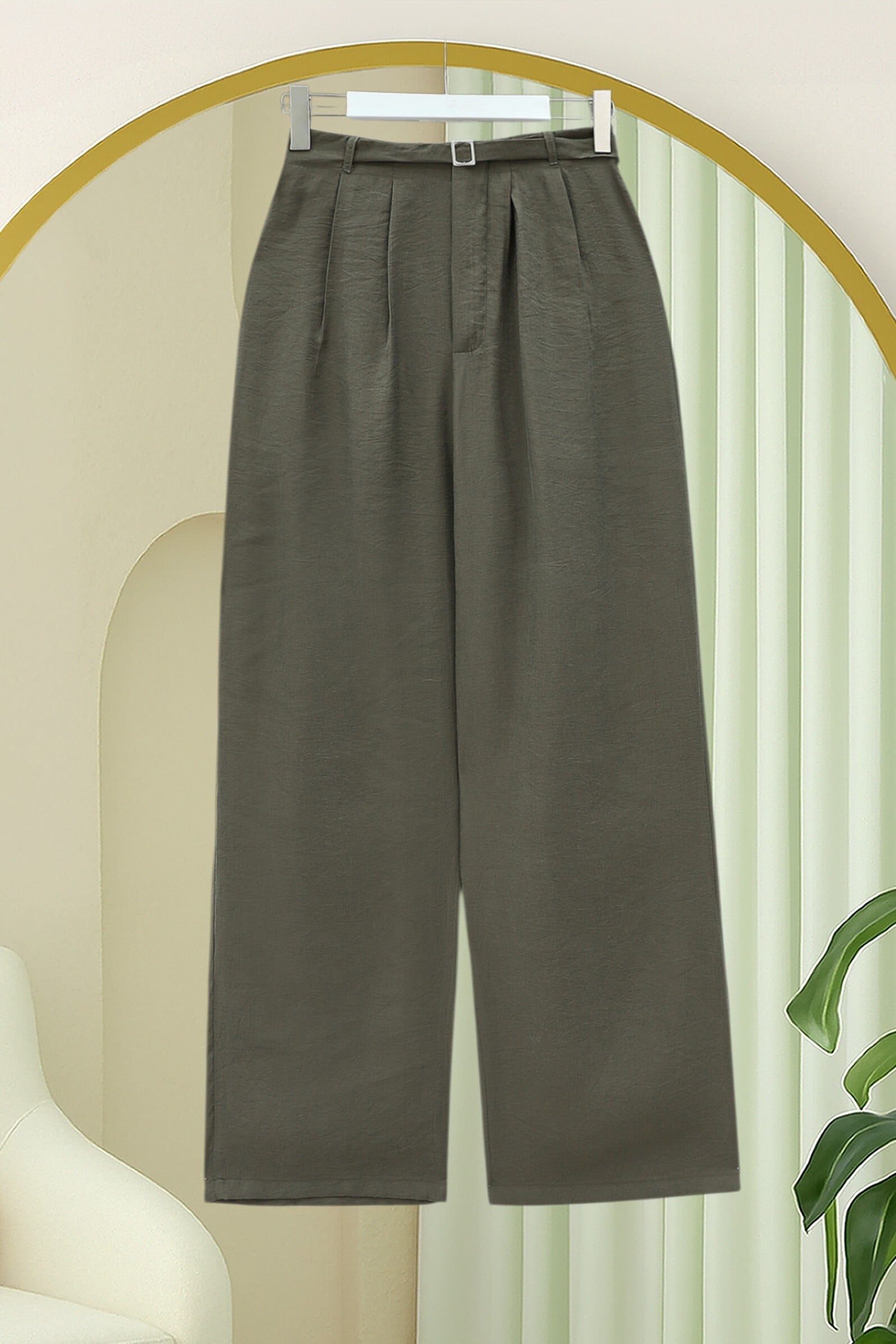 Women's High-Waist Wide-Leg Trousers with Belt - Olive Green Camouflage - Podyumplus - by Peralane - photo 2