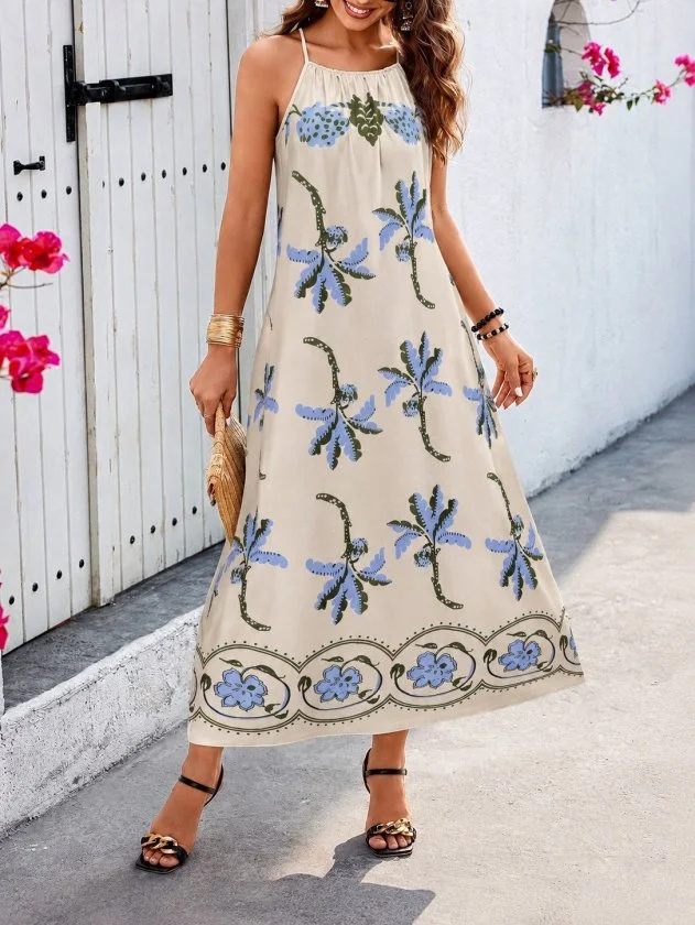 Women's Sleeveless Halter Neck Floral Print Midi Dress - Janes - by Peralane