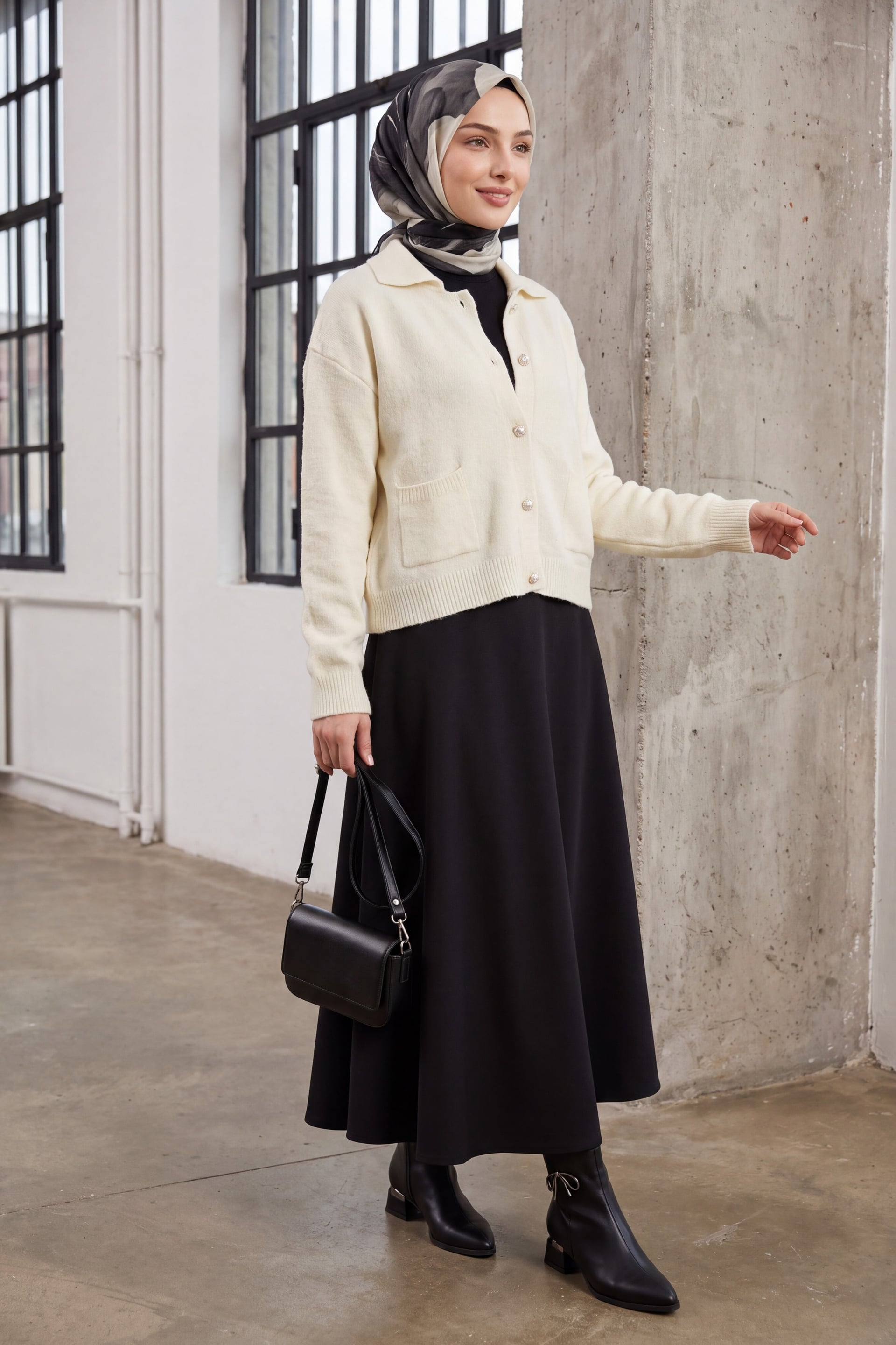 Cream Knit Cardigan with Collared Neckline and Pearl Buttons - Podyumplus - by Peralane - photo 4