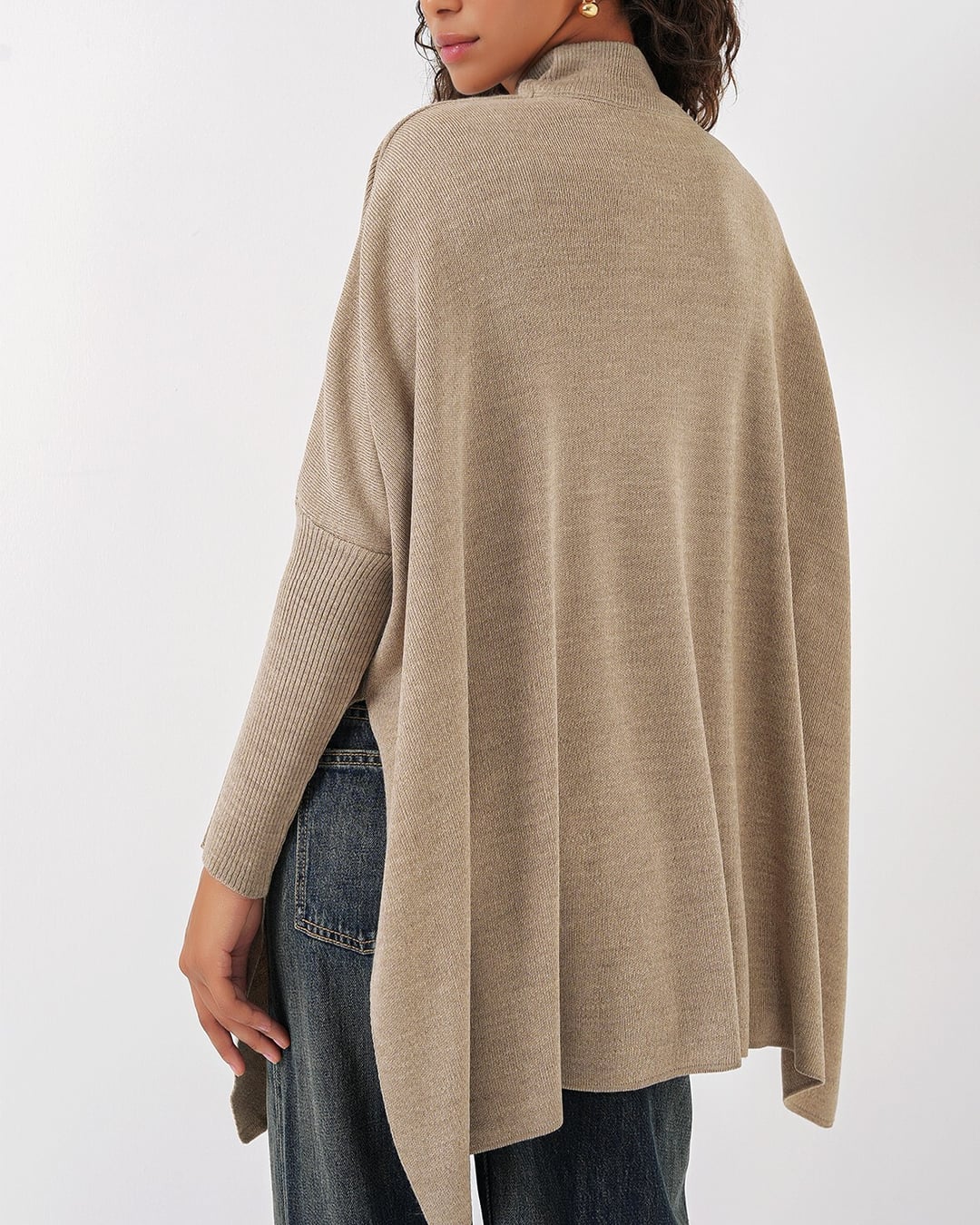 Oversize Pancho Knit Sweater with Side Slits - Light Beige - Bigdart - by Peralane - photo 7
