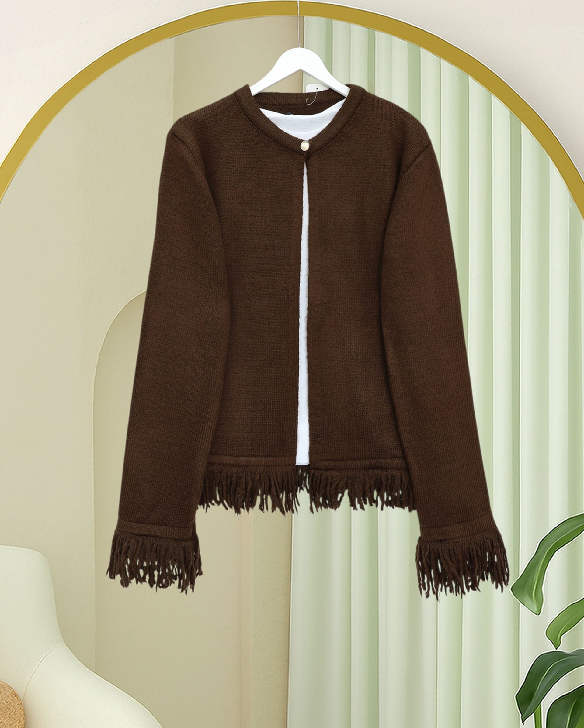 Single Button Fringed Soft Knit Cardigan - Brown - Podyumplus - by Peralane - photo 4