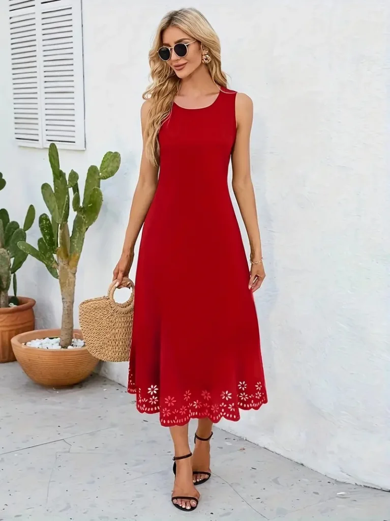 Women's Sleeveless Laser-Cut Floral Hem Midi Crepe Dress in Red - Janes - by Peralane - photo 4