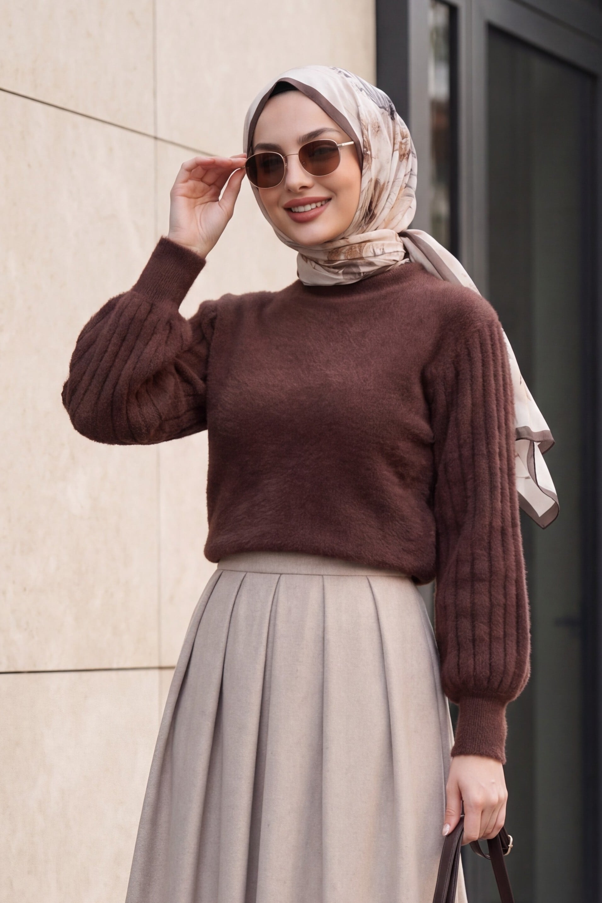 Women's Brown Oversize Balloon Sleeve Knit Sweater - Bigdart - by Peralane - photo 3