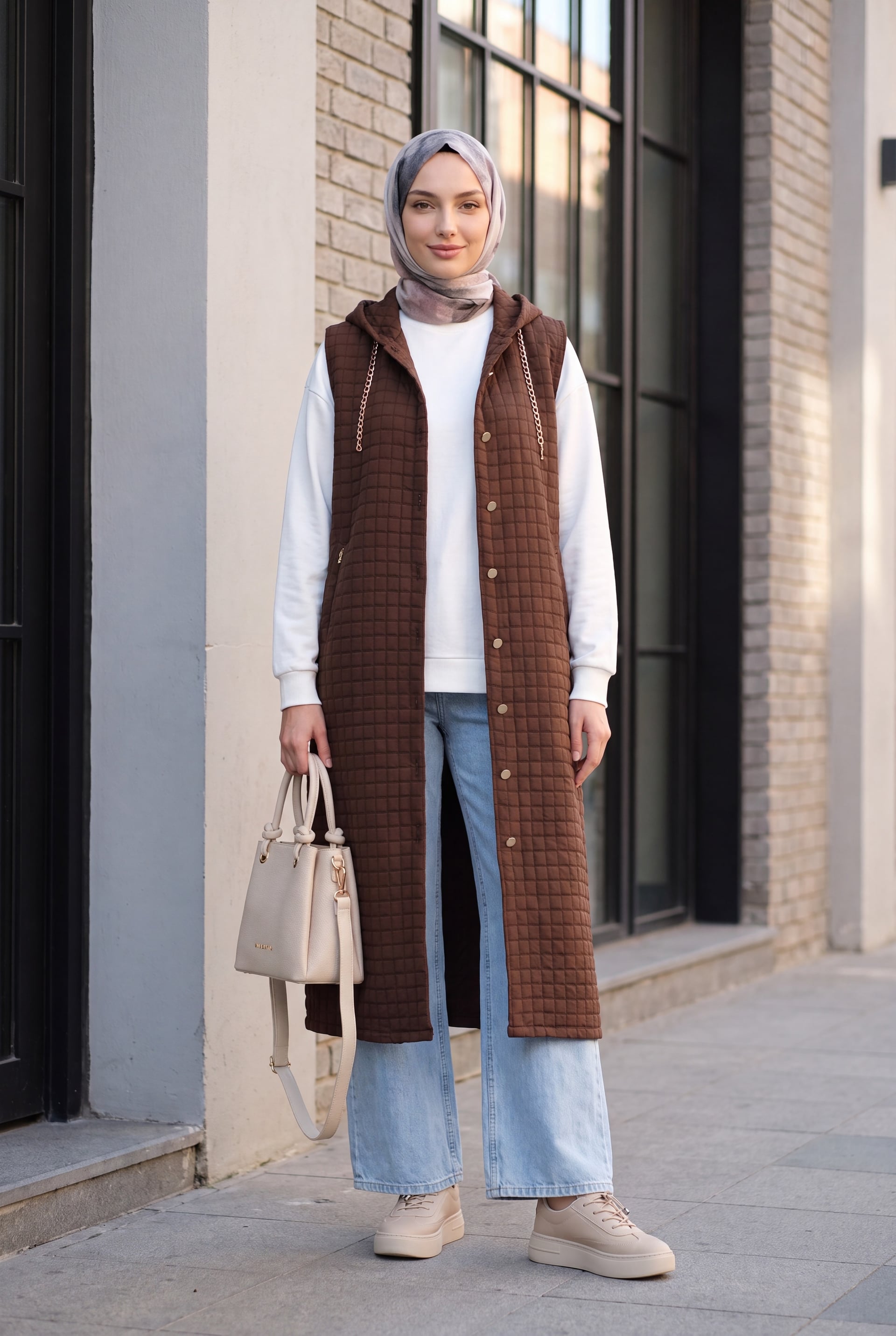 Long Quilted Hooded Vest with Full-Length Buttons - Dark Brown - Podyumplus - by Peralane - photo 6