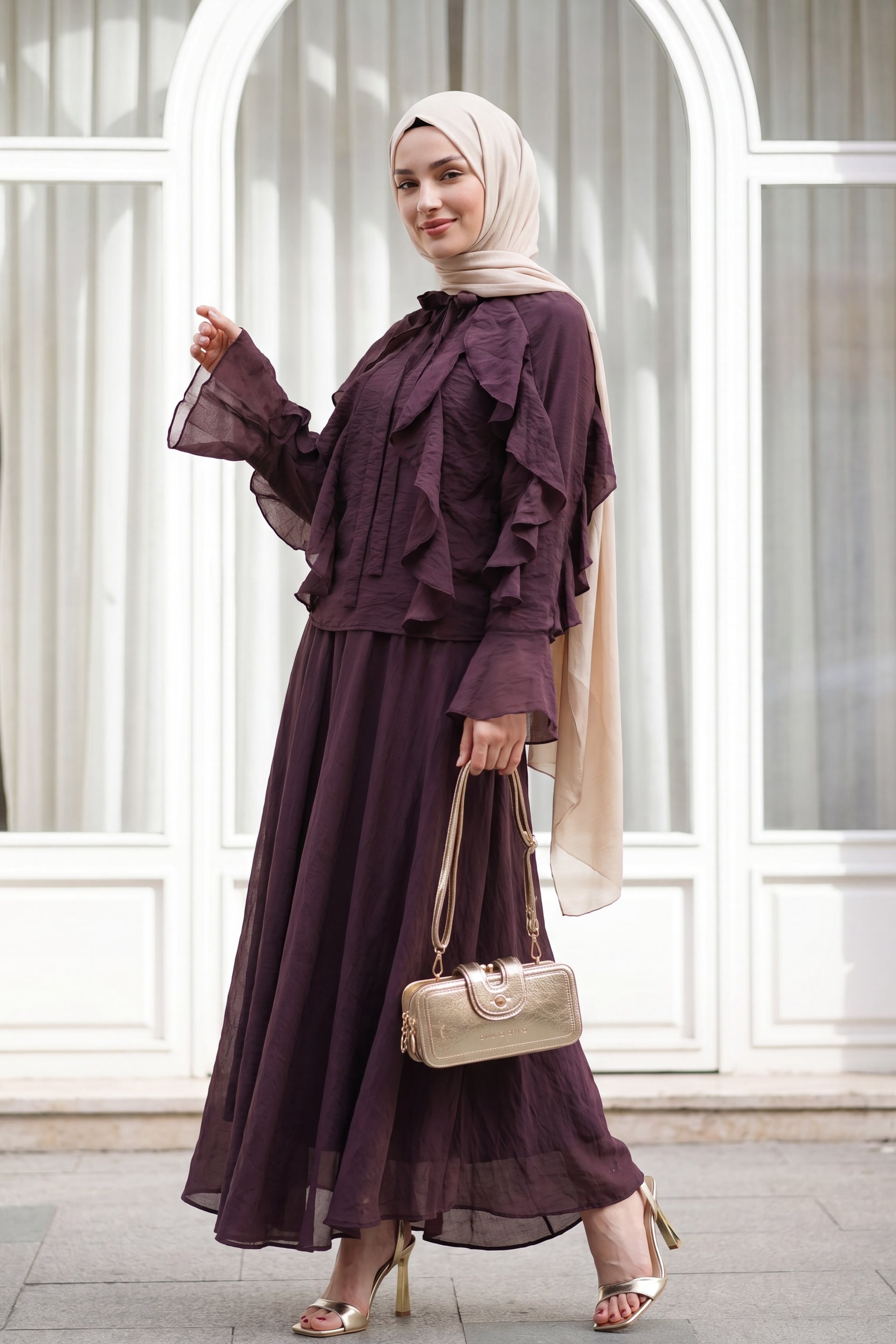 Tie-Neck Frill Front Lined Tulle Modal Modest Co-ord Set in Deep Plum - Podyumplus - by Peralane