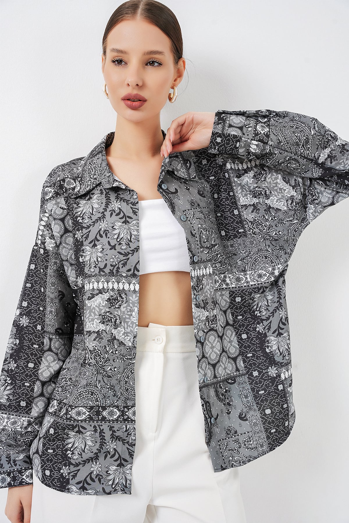 Women's Oversize Patterned Satin Blouse - Anthracite - Bigdart - by Peralane - photo 3