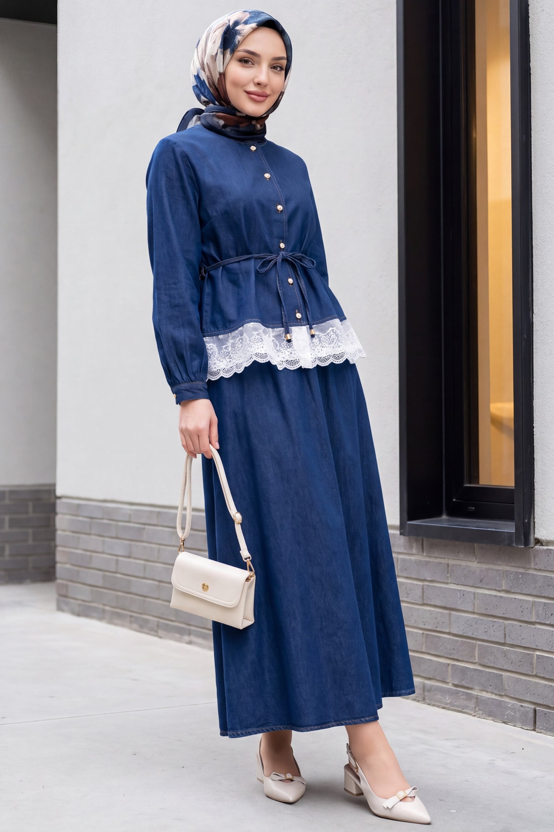 Round Neck Lace Detail Belted Buttoned Denim Skirt Set - Dark Navy - Podyumplus - by Peralane - photo 3