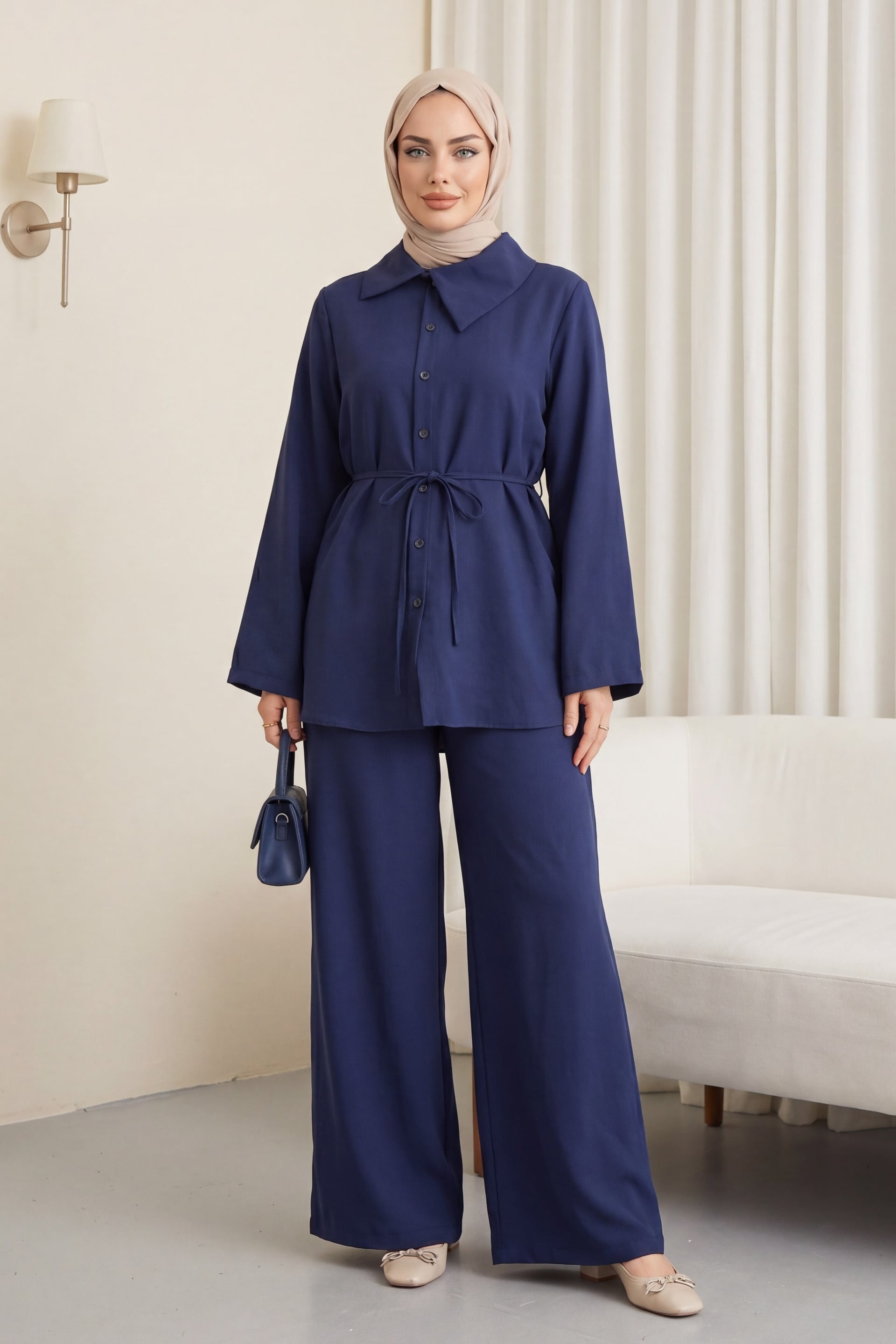 Navy Modal Two-Piece Set with Side Collar and Belted Waist for Women - Podyumplus - by Peralane - photo 3