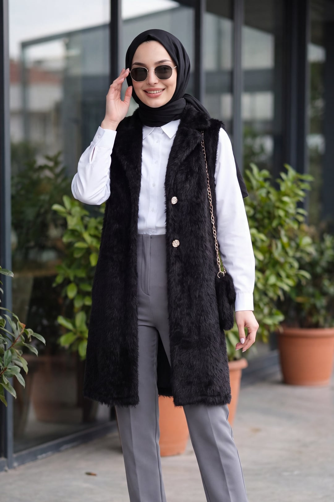 Black Faux Fur Vest with Bag Accessory - Araboy Cut - Podyumplus - by Peralane - photo 2