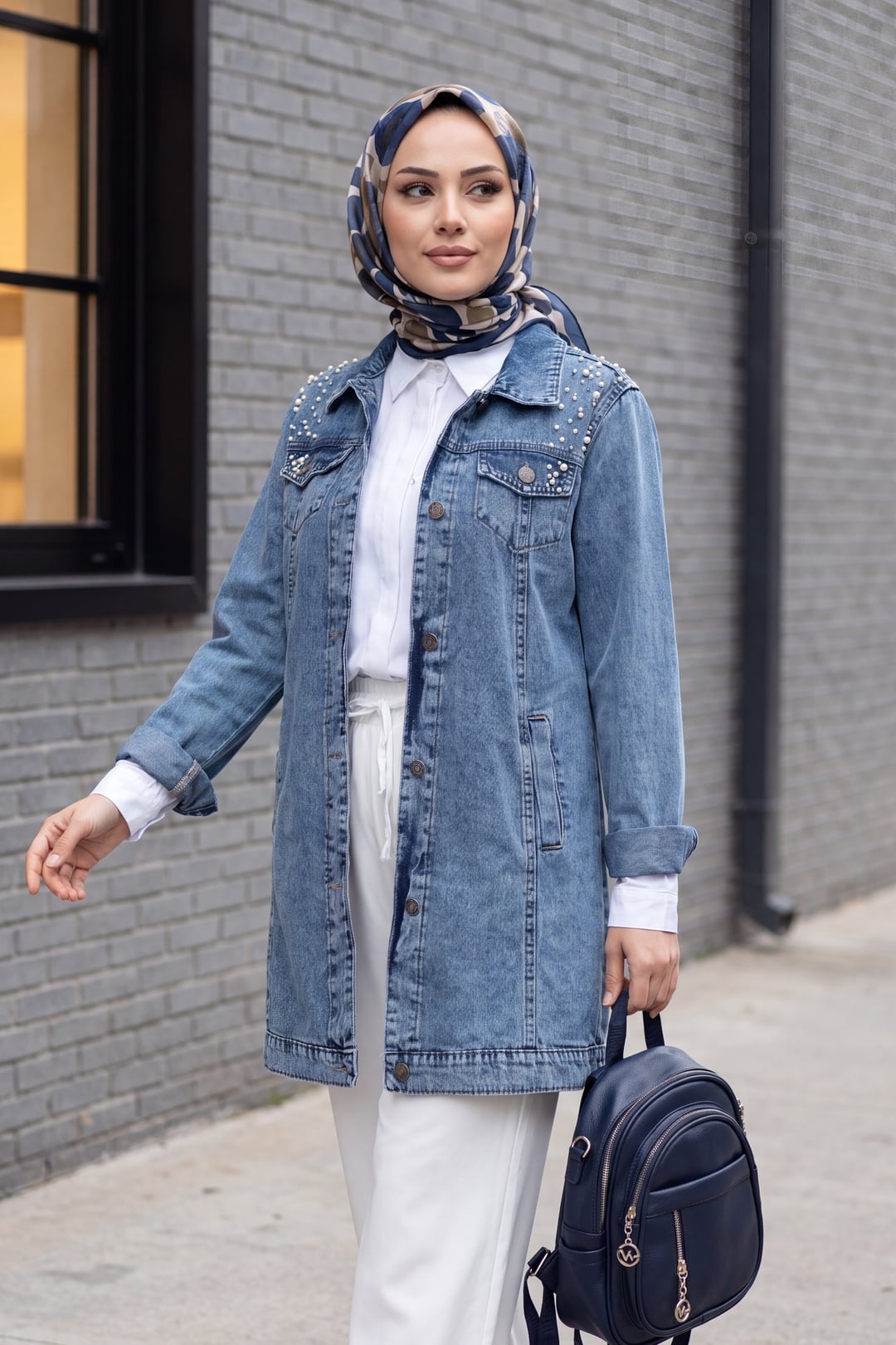 Stone Embellished Washed Denim Jacket - Blue - Podyumplus - by Peralane - photo 2