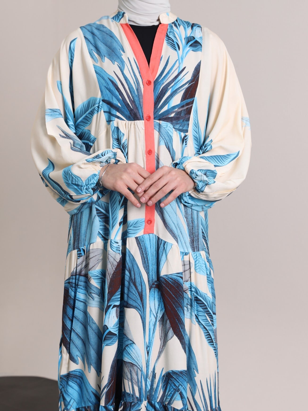 Elasticated Cuff Long Sleeve V-Neck Button Front Tiered Midi Dress - Indigo - Podyumplus - by Peralane - photo 10