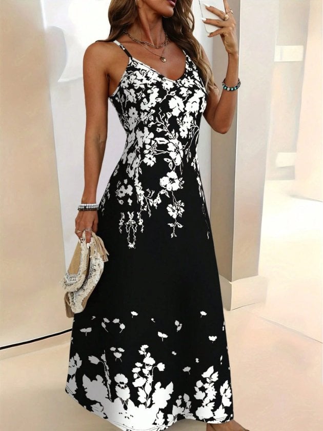 Women's Black Floral Print Maxi Dress with V-Neck and Spaghetti Straps - Janes - by Peralane - photo 4