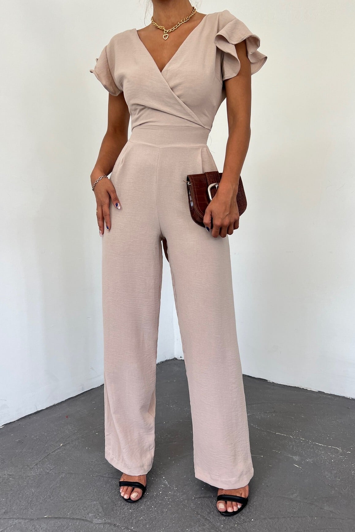 Frill Shoulder V-Neck Wrap Jumpsuit with Belt - Light Beige - Podyumplus - by Peralane - photo 3