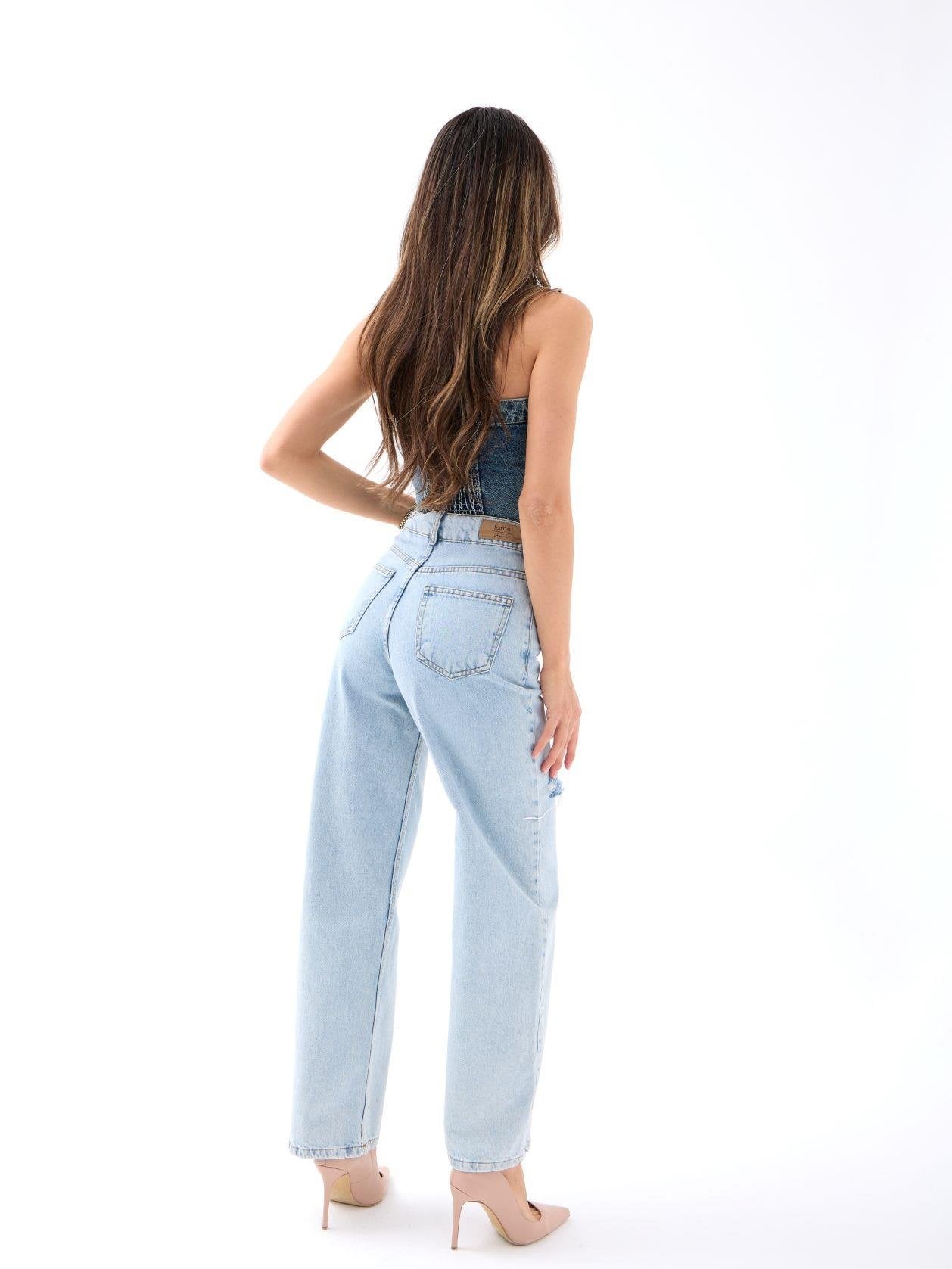 Women's Light Blue Denim Co-ord Set - Strapless Top and Wide Leg Jeans - Fame - by Peralane - photo 5