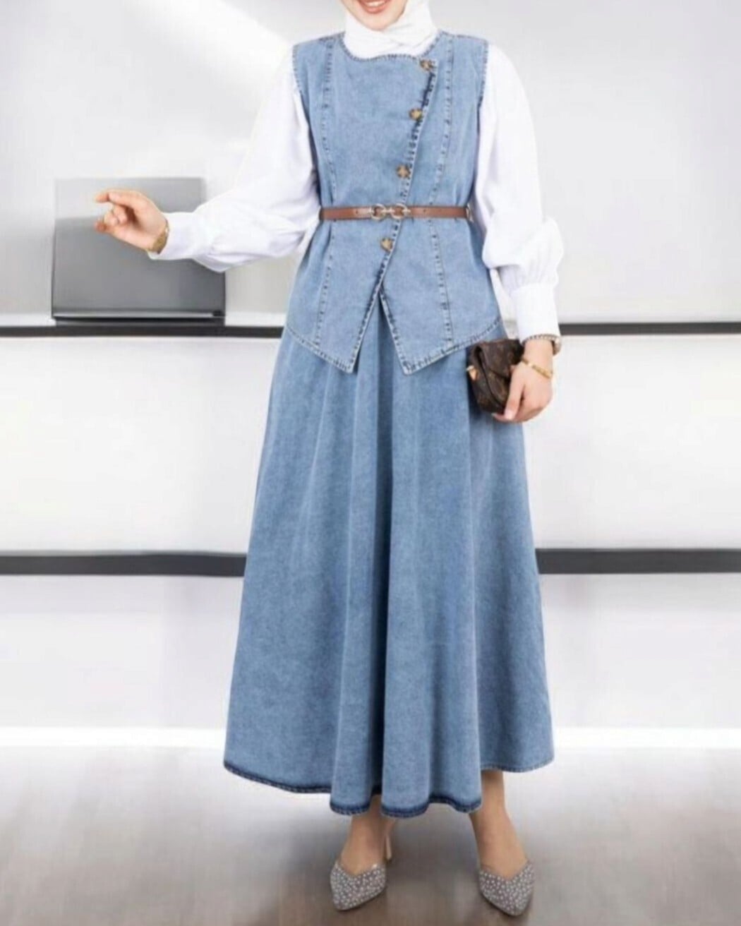 Cross Button Belted Denim Vest and Skirt Set - Ice Blue - Podyumplus - by Peralane - photo 3