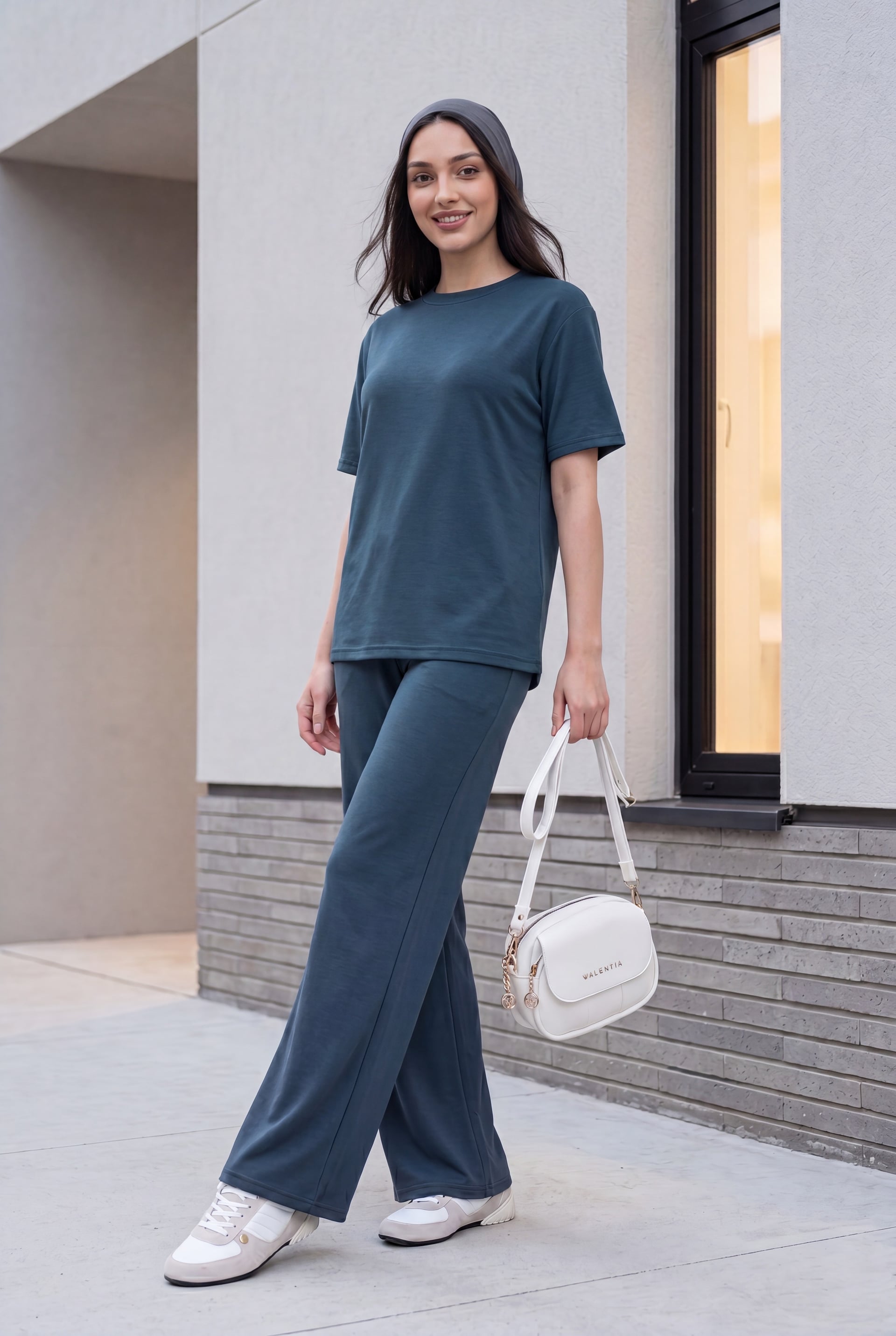 Crew Neck Short Sleeve T-Shirt and Wide Leg Drawstring Trousers Set in Smoke - Podyumplus - by Peralane - photo 2