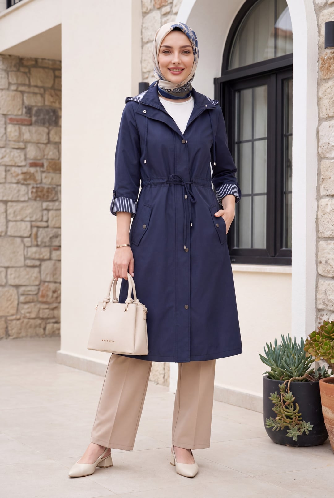 Navy Blue Hooded Trench Coat with Drawstring Waist - Podyumplus - by Peralane - photo 2