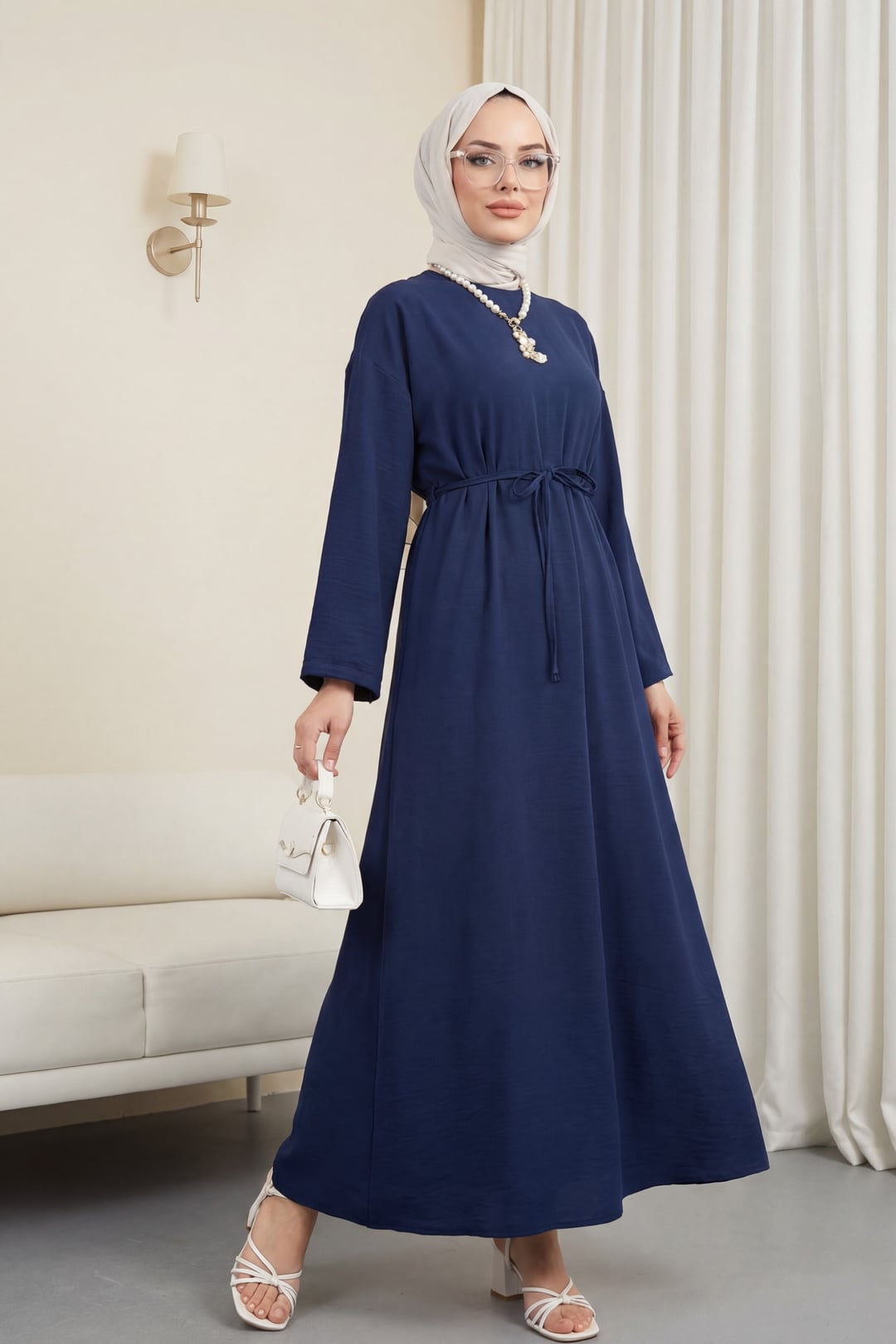 Navy Drawstring Waist Dress with Back Zipper - Podyumplus - by Peralane