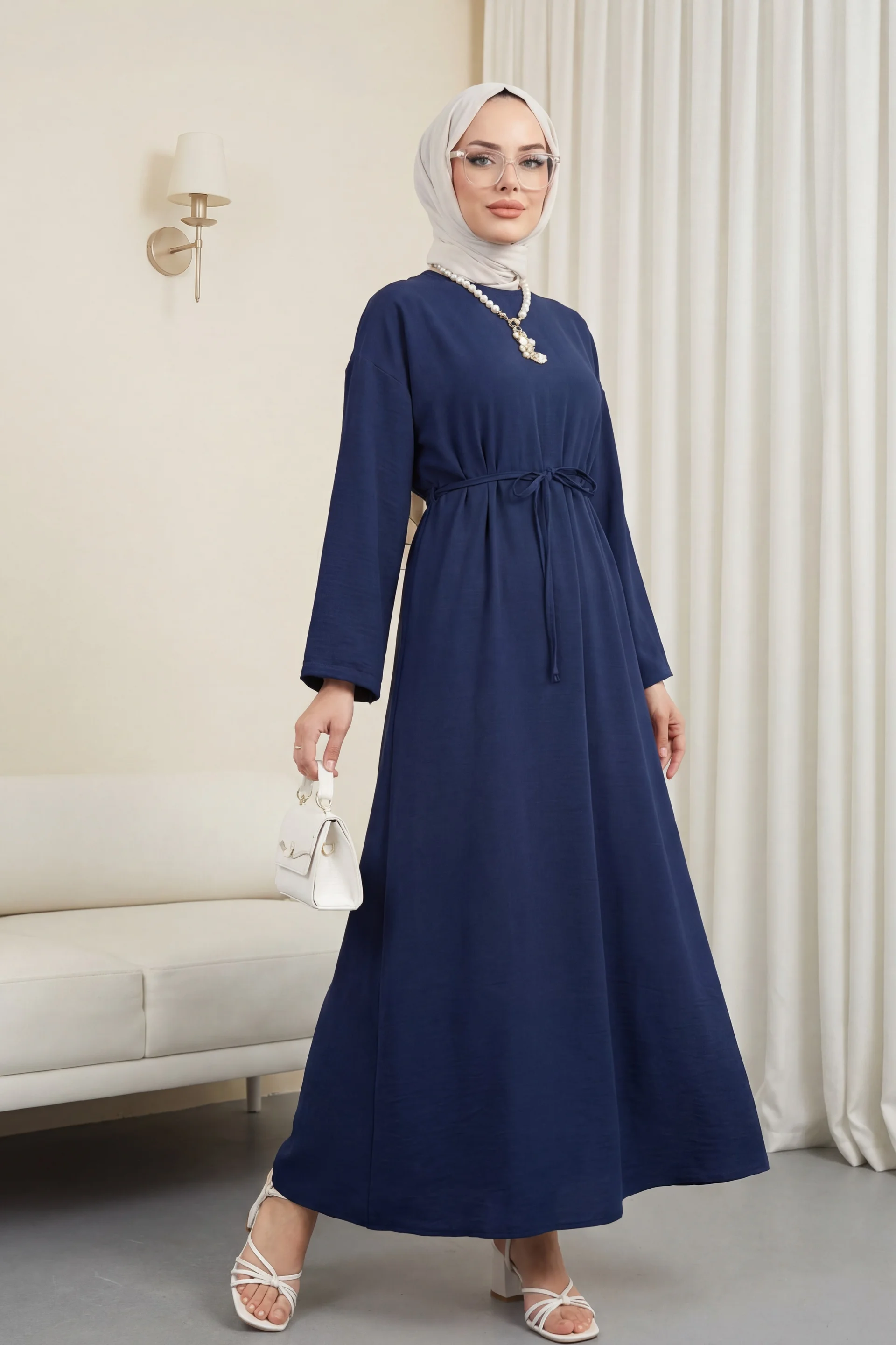Navy Drawstring Waist Dress with Back Zipper - Podyumplus - by Peralane