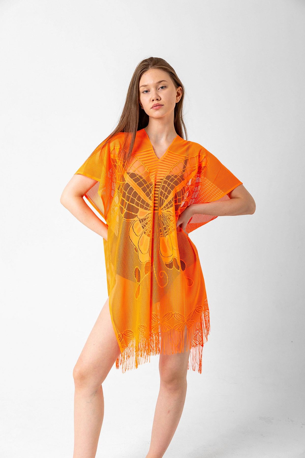 Orange Butterfly Print Fringed Sheer Kaftan Pareo - Nesvay - by Peralane - photo 2