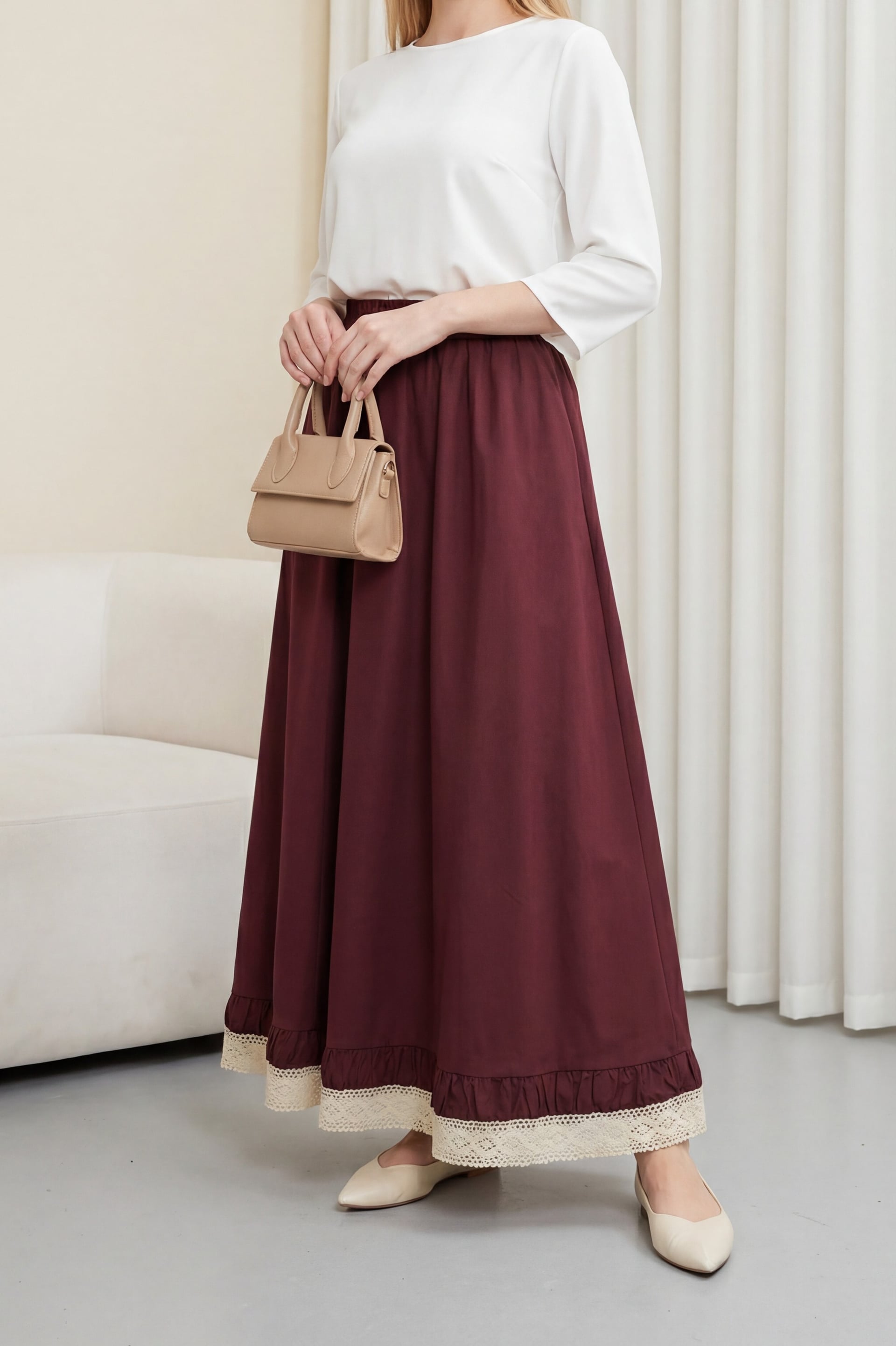Elasticated Waist Lace Trim Poplin Skirt with Pockets - Burgundy - Podyumplus - by Peralane - photo 7