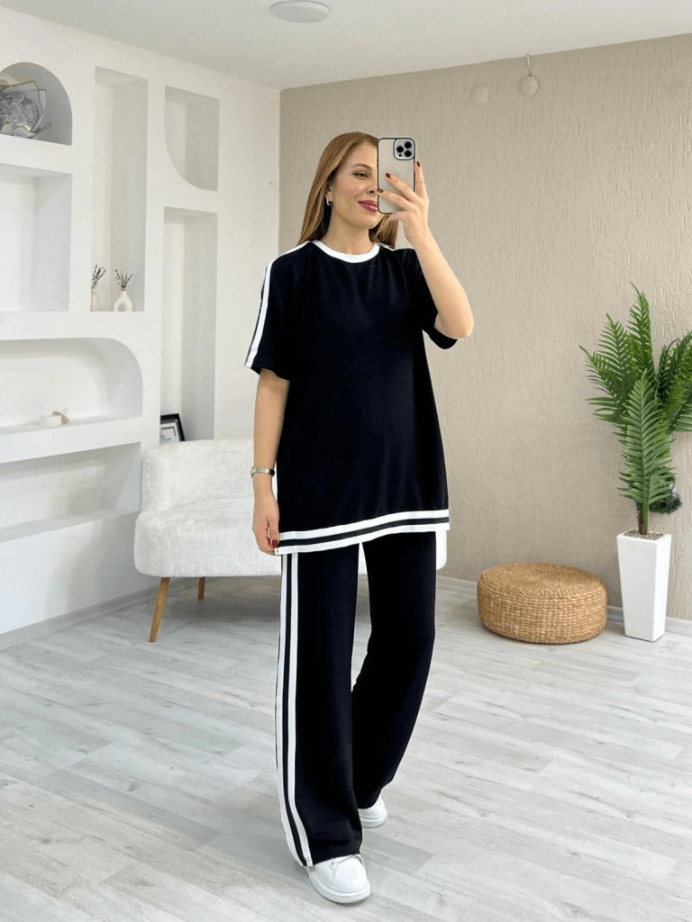 Women's Short Sleeve Crew Neck Two-Tone Stripe Detail Viscose Two-Thread Blouse and Trousers Set - Janes - by Peralane - photo 7