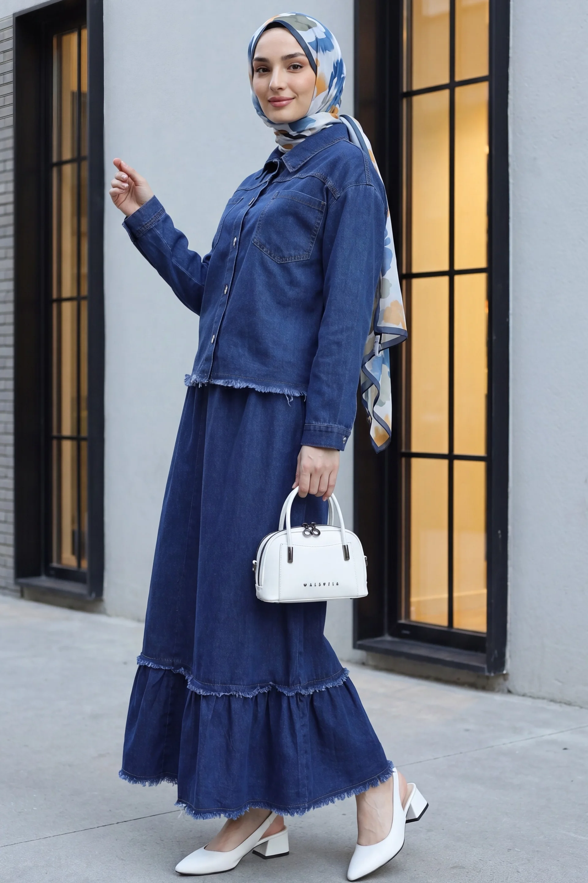 Women's Denim Shirt Collar Button-Front Jacket and Tiered Ruffle Skirt Set - Indigo - Podyumplus - by Peralane - photo 2