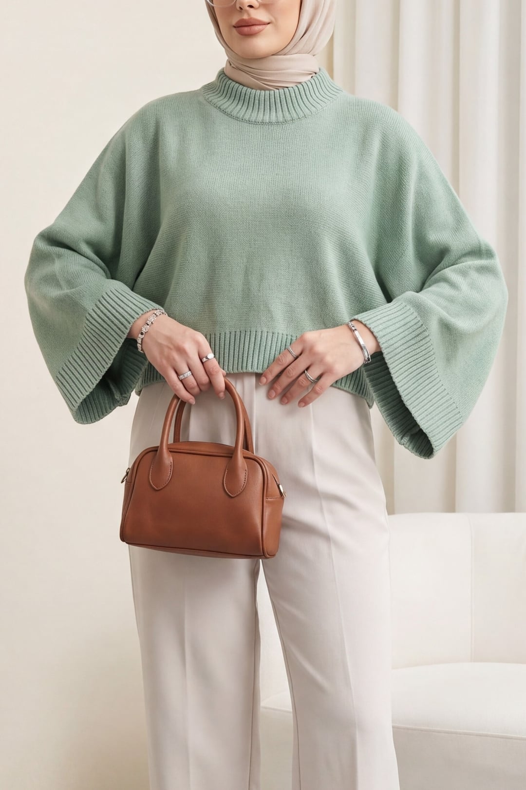 Half Mock Neck Batwing Sleeve Cropped Knit Sweater - Mint - Podyumplus - by Peralane