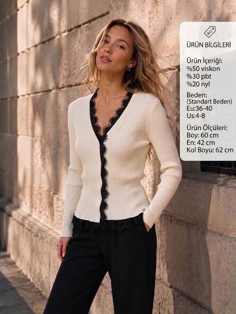 V-Neck Lace Trim Buttoned Soft Knit Cardigan - My Bee - by Peralane - photo 2