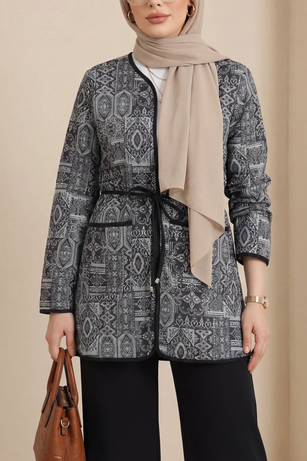 Tie-Waist Double-Pocket Patterned Scuba Two-Piece Set - Black - Podyumplus - by Peralane - photo 2
