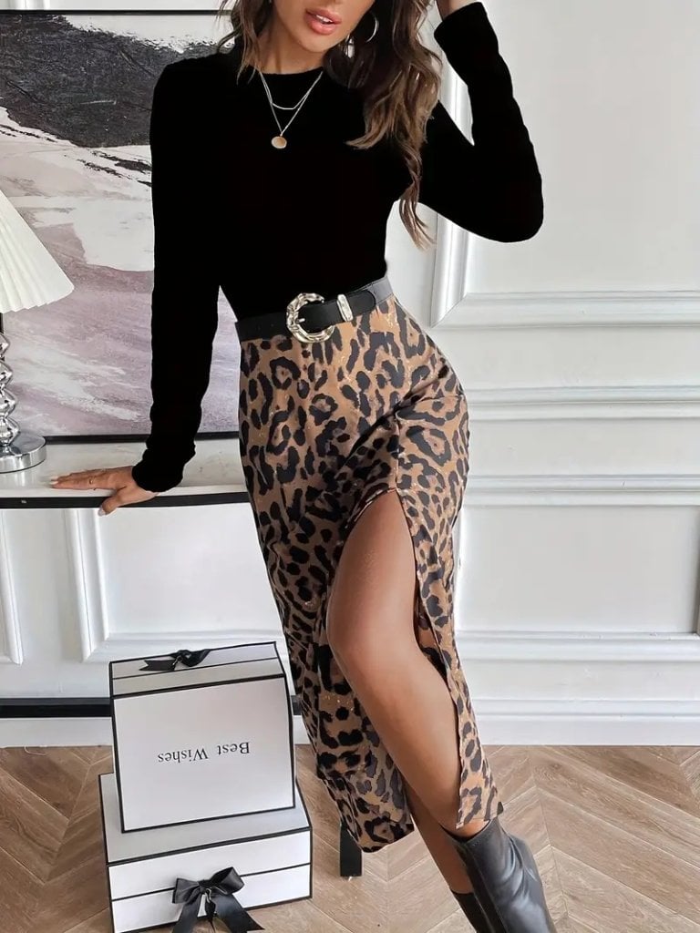 Women's Long Sleeve Crew Neck Jersey T-Shirt with Leopard Print Midi Skirt Set - Janes - by Peralane