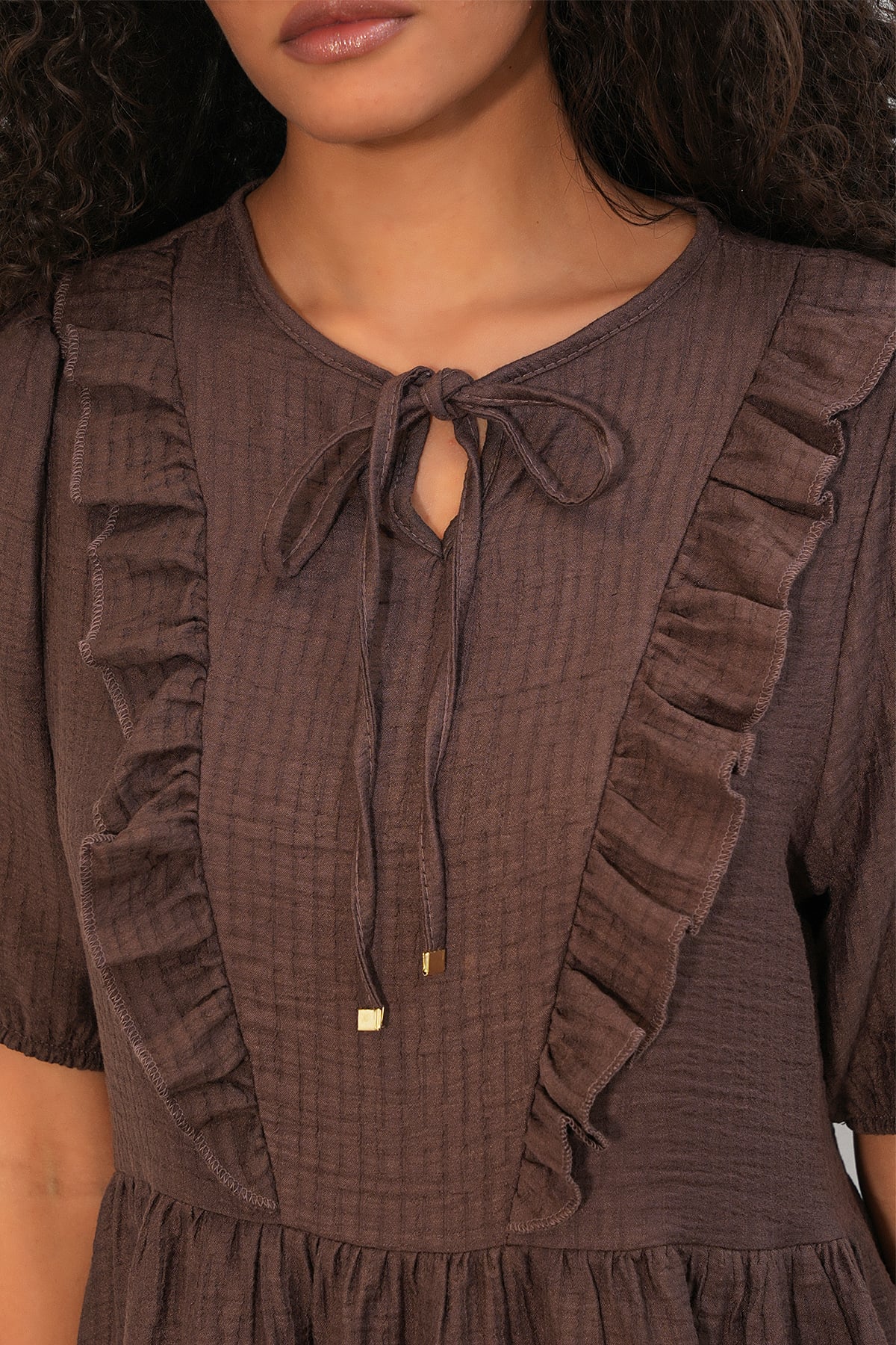 Womens Brown Short-Sleeve Tie-Front Ruched Dress - Bigdart - by Peralane - photo 4