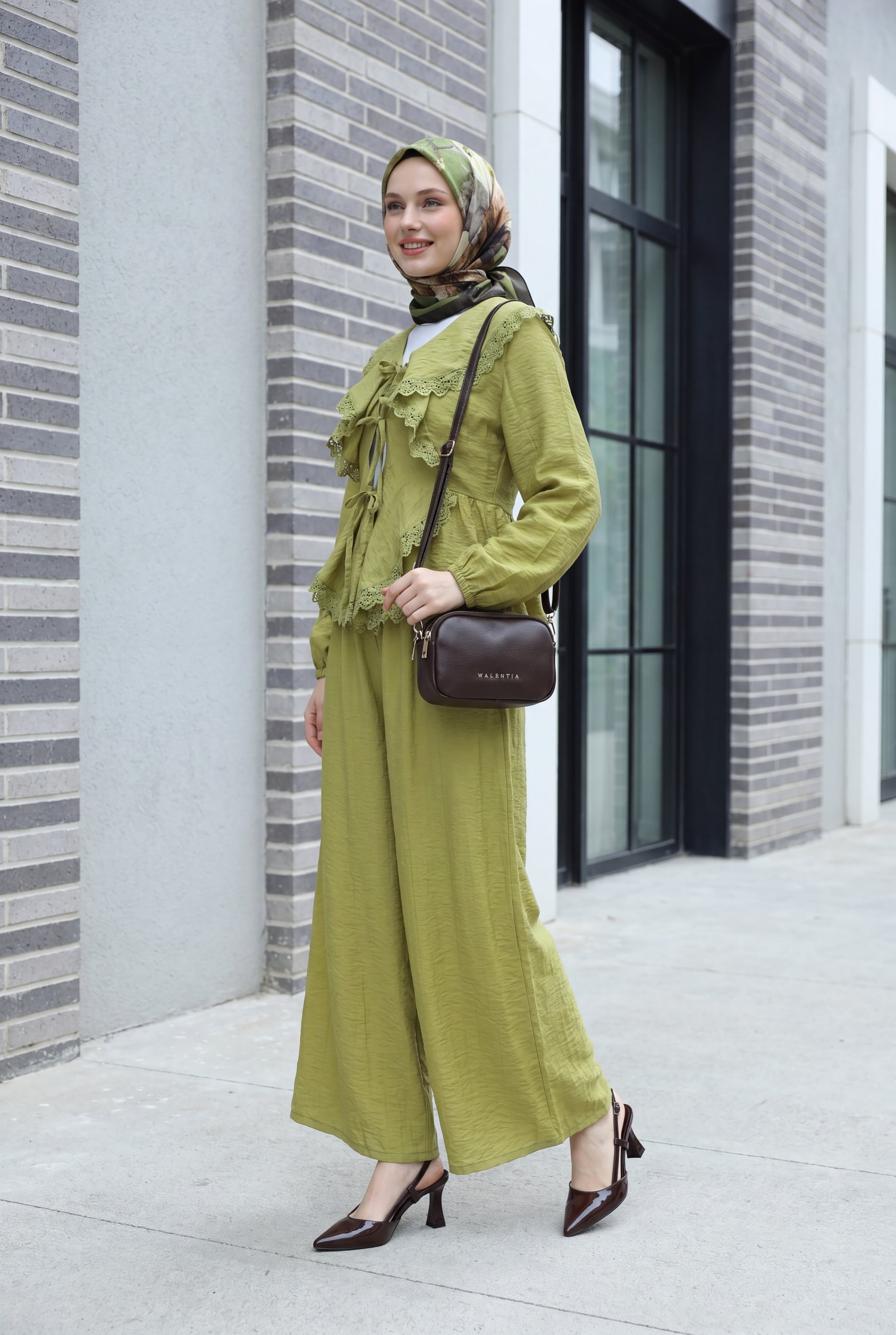 Lace Detail Tie-Front Wide-Leg Trousers Set - Olive Green - Podyumplus - by Peralane - photo 4