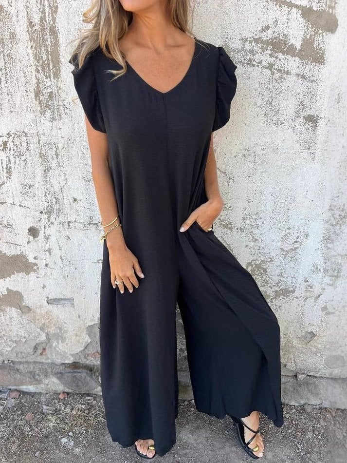 Women's Short-Sleeve V-Neck Deep Back Lace-Up Long Jumpsuit - Black - Janes - by Peralane - photo 3