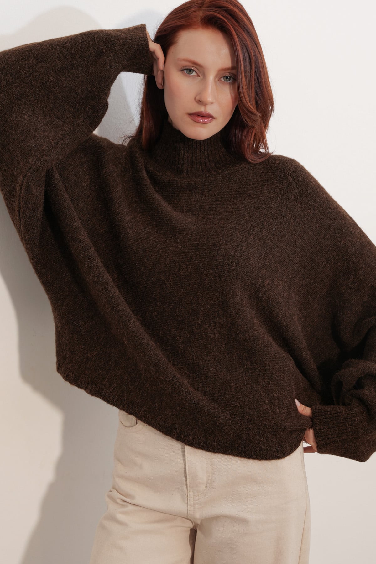 Women's Brown Oversized Batwing Sleeve Turtleneck Knit Sweater - Bigdart - by Peralane - photo 5