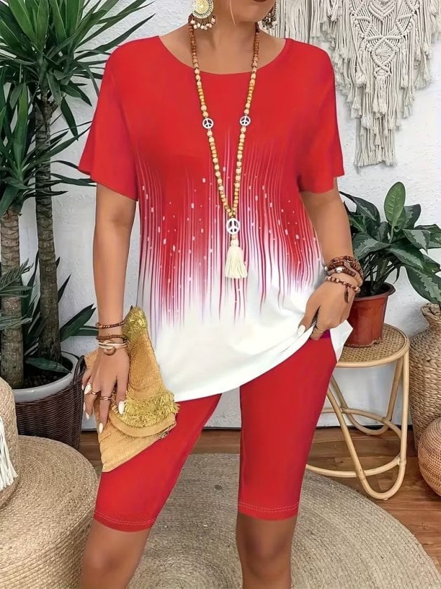 Women's Red and White Patterned Short-Sleeve Crew Neck Top and Leggings Two-Piece Set - Janes - by Peralane