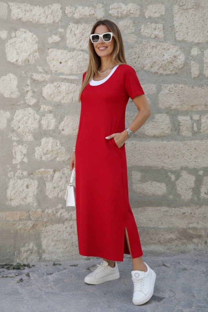 Women's Red Short Sleeve Maxi Dress with Camisole Look and Side Slits - Janes - by Peralane - photo 3