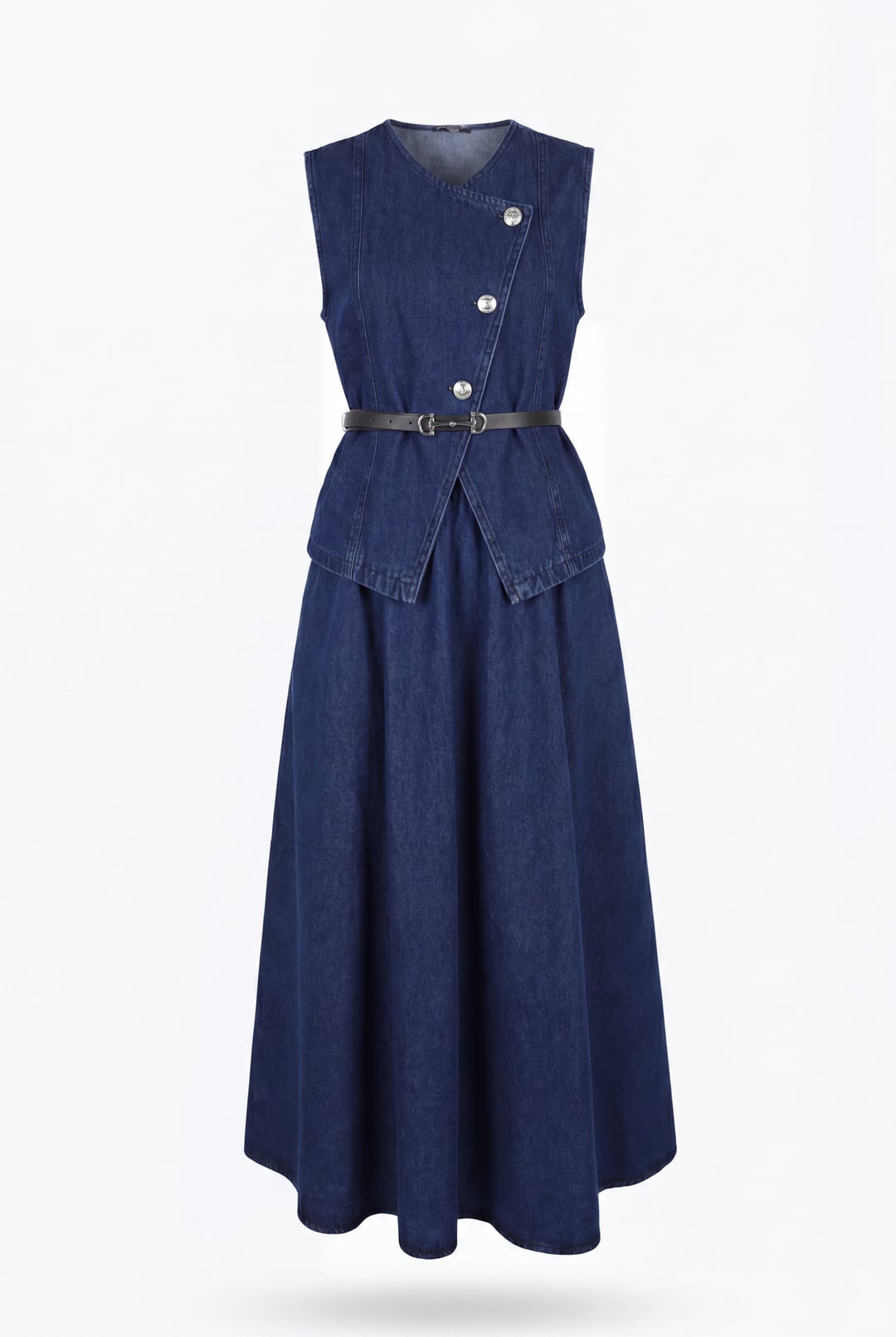 Denim Vest and Belted Skirt Set - Navy - Podyumplus - by Peralane - photo 7